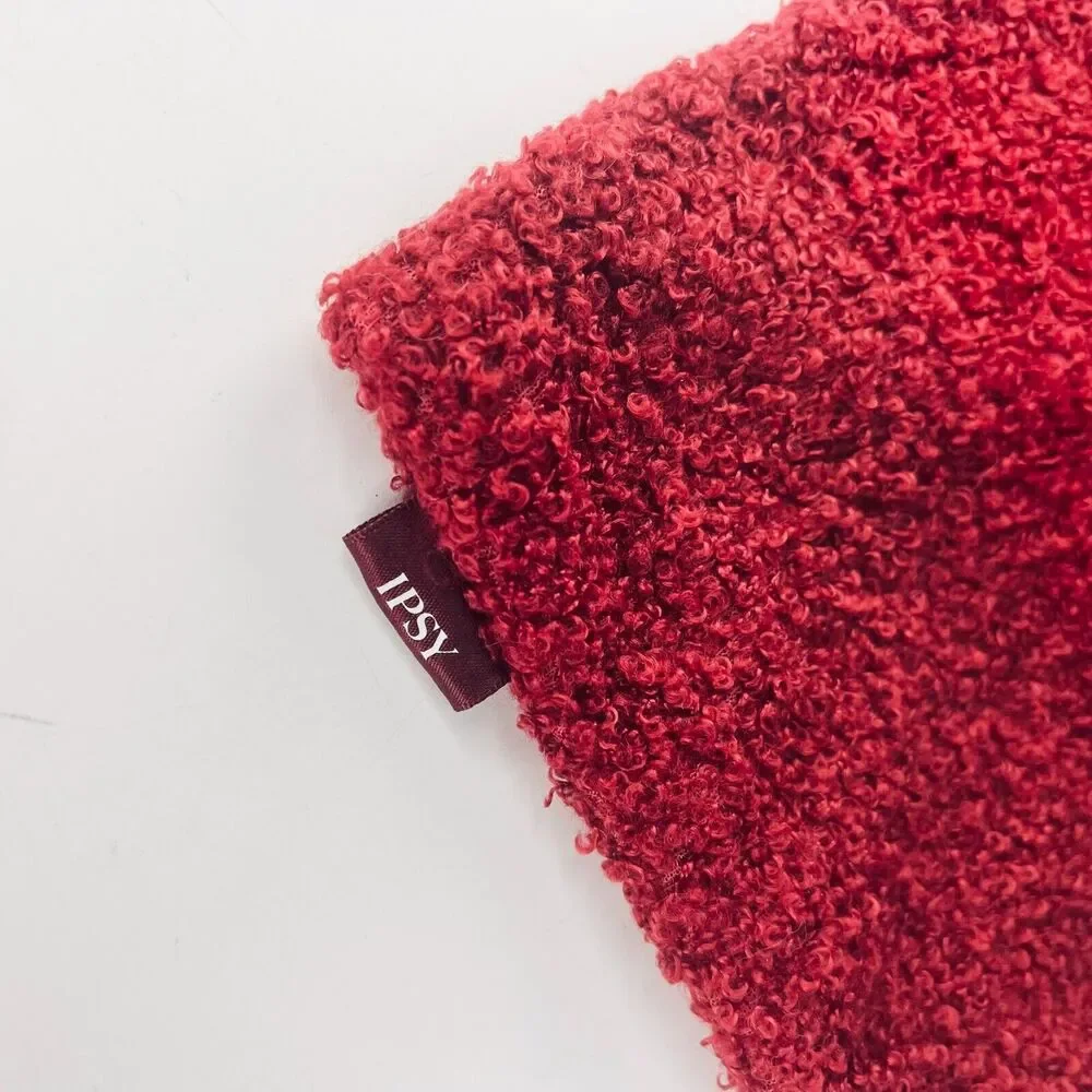 Ipsy Tie Sherpa Boucle Teddy MakeUp Toiletry Travel Drawstring Bag Burgundy New